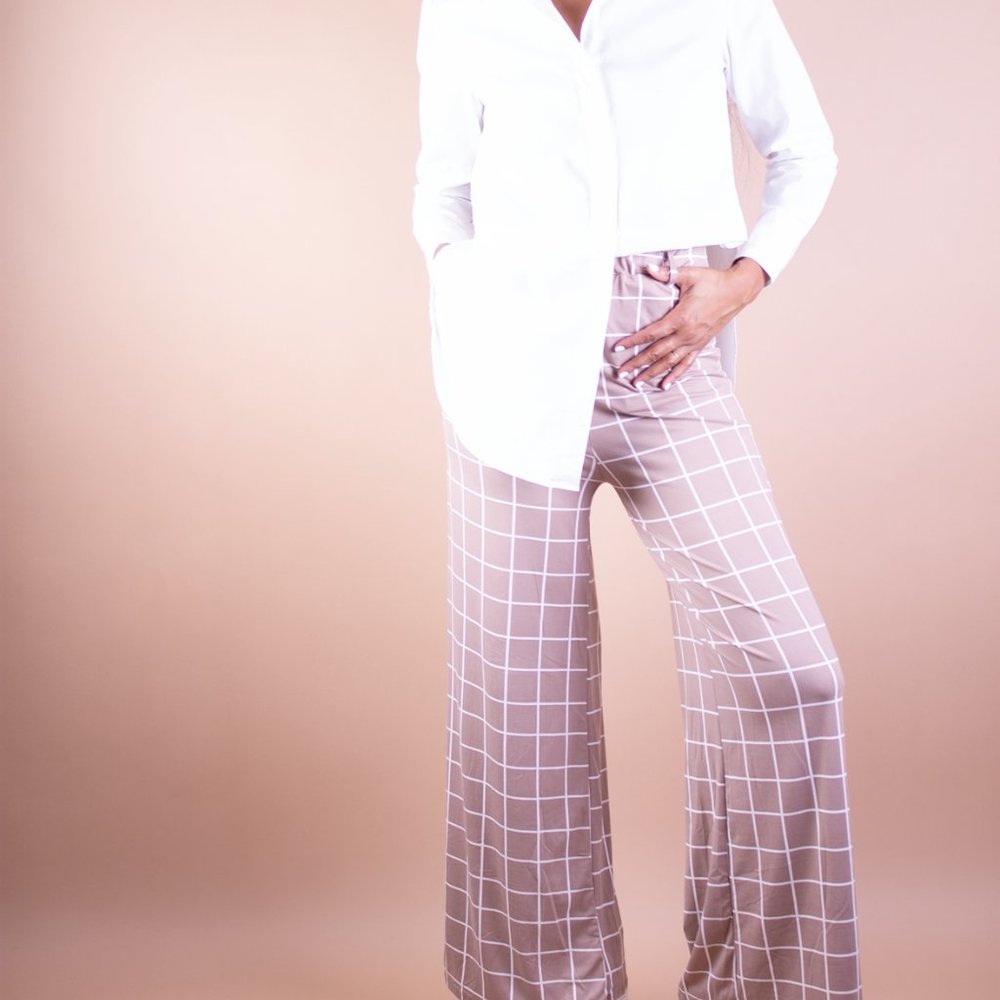 Taupe and White Windowpane Pants